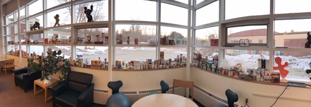 Collected items on display in the library windows